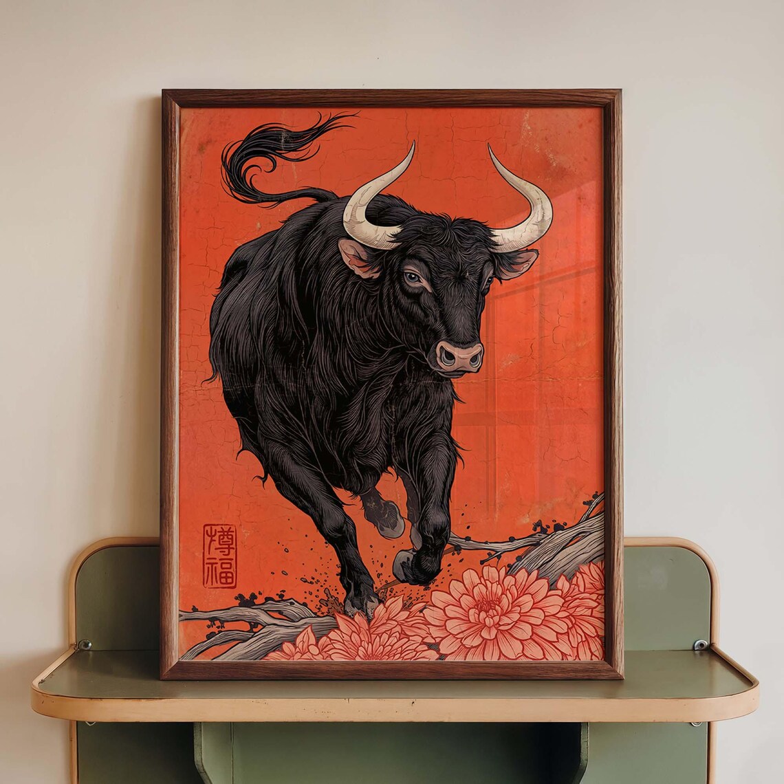 Japanese Style Bull Print, Vintage Floral Art