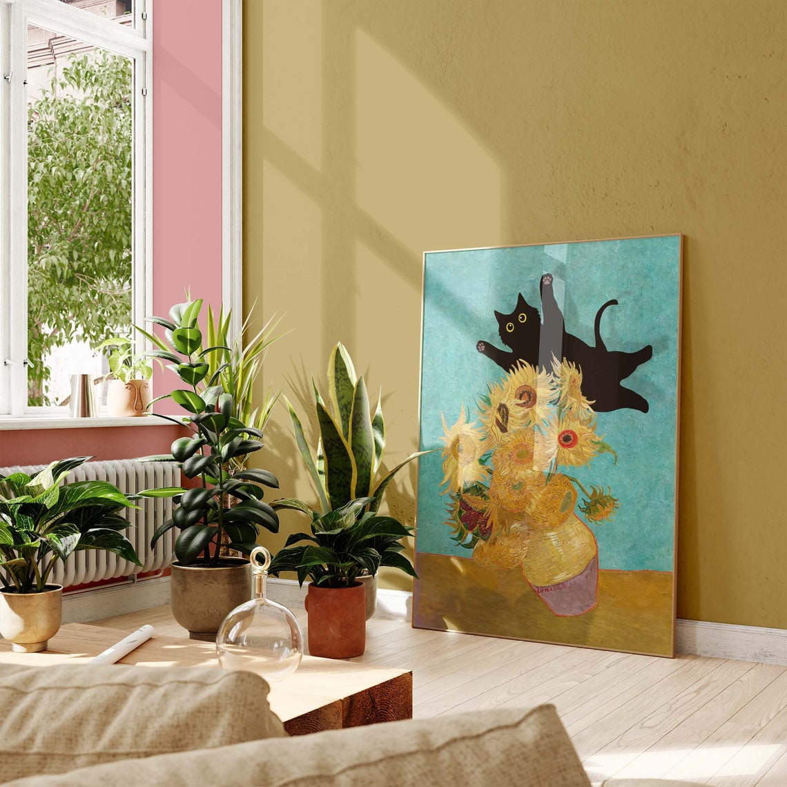 Black Cat Leaping Over Van Gogh Sunflower Vase Fun Art Poster - Image 3