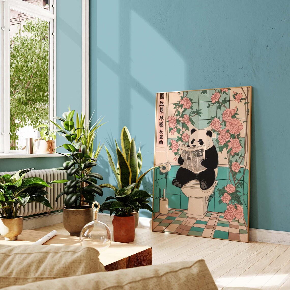Panda Sitting On Toilet Reading Newspaper In Japanese Bathroom Poster - Image 2
