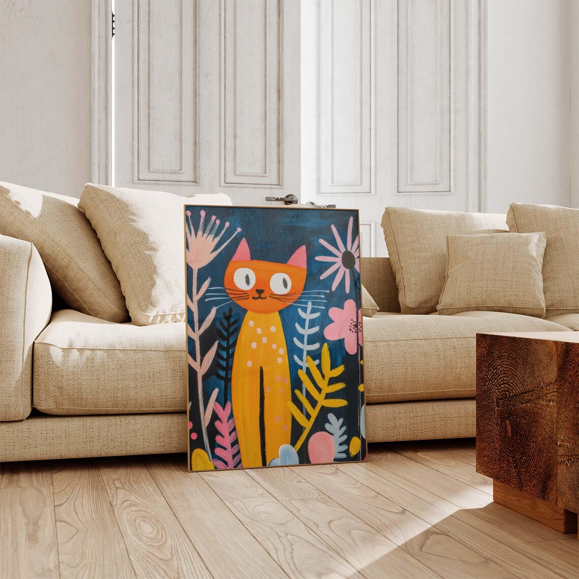 Orange Cat With White Spots Among Pink Flowers On Dark Blue Folk Poster - Image 4