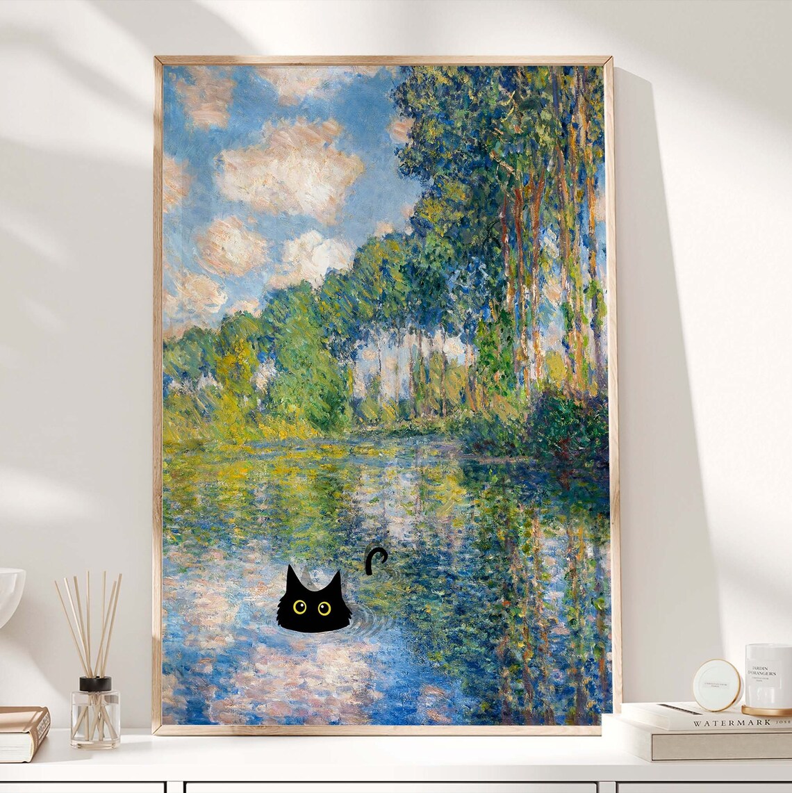 Monet River Poplars Landscape With Black Cat Swimming Poster - Image 2