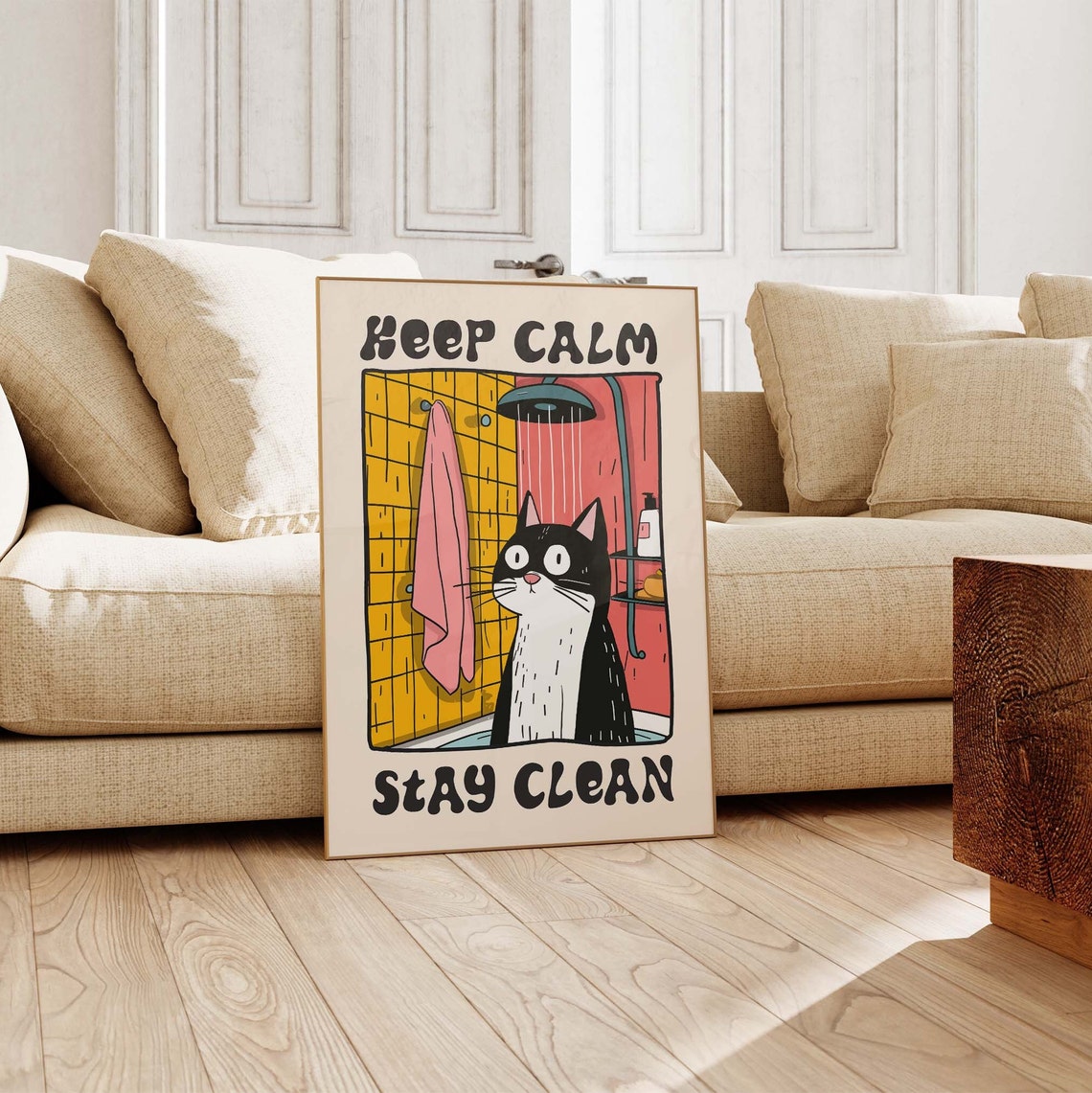Keep Calm Stay Clean Cartoon Cat In Shower Retro Bathroom Poster - Image 2