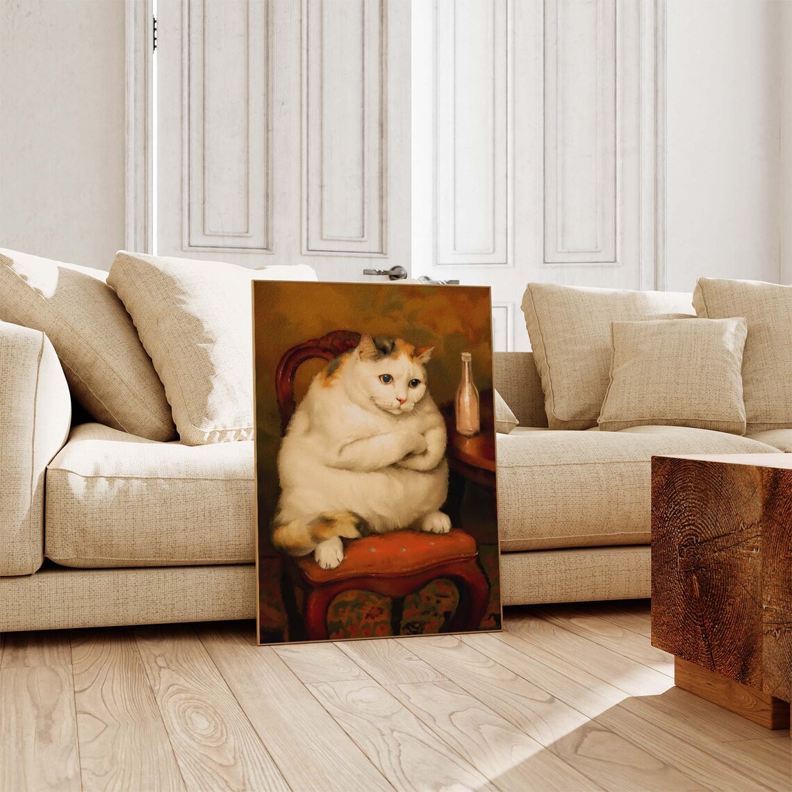 Chubby Calico Cat Lounging On Red Chair Next To Bottle Painterly Poster - Image 4
