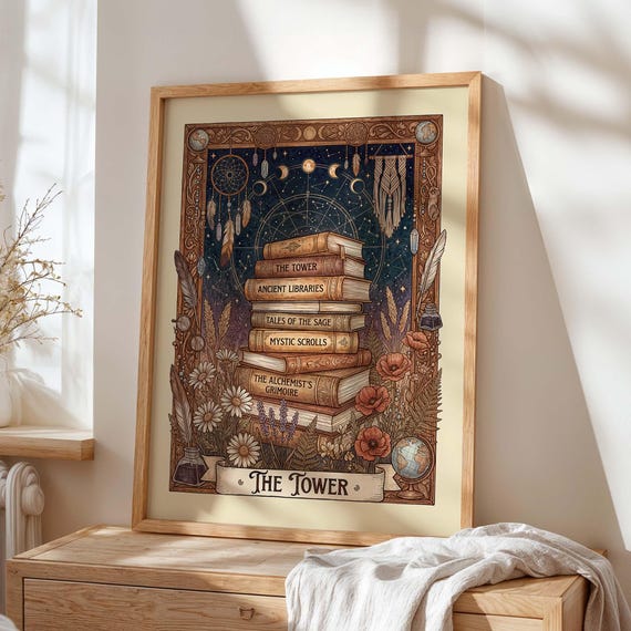 Dark Academia Book Stack, Tarot Mystic Library Art