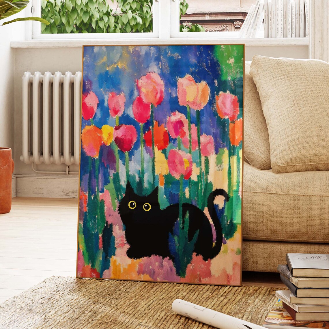Black Cat Among Tall Colorful Matisse Inspired Tulips Garden Art Poster