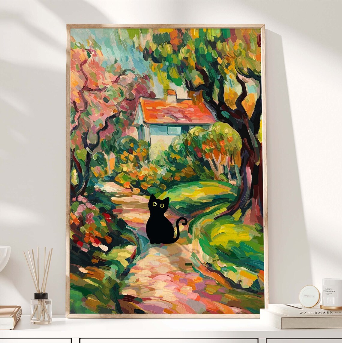 Black Cat Sitting On A Cottage Garden Path Impressionist Painting Poster - Image 3