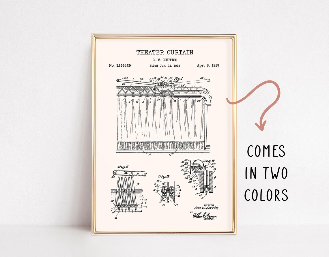 1919 Theater Curtain Patent Blueprint Print for Drama Room Walls