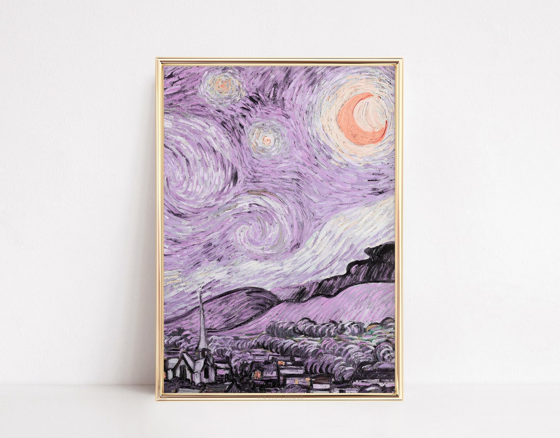 Purple Starry Night Crescent Moon Altered Art Dreamy Wall Poster