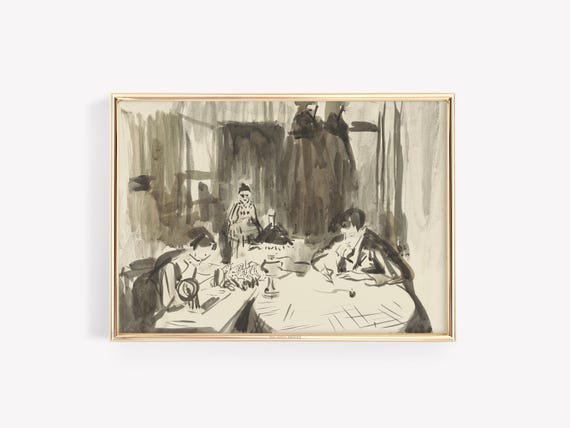 Vintage Sketch Wall Art Abstract Figurative Drawing Moody Antique Print Seamstress And Writer Illustration Interior Scene