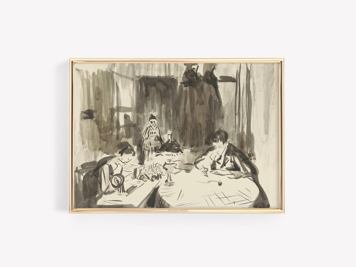 Vintage Sketch Wall Art Abstract Figurative Drawing Moody Antique Print Seamstress And Writer Illustration Interior Scene