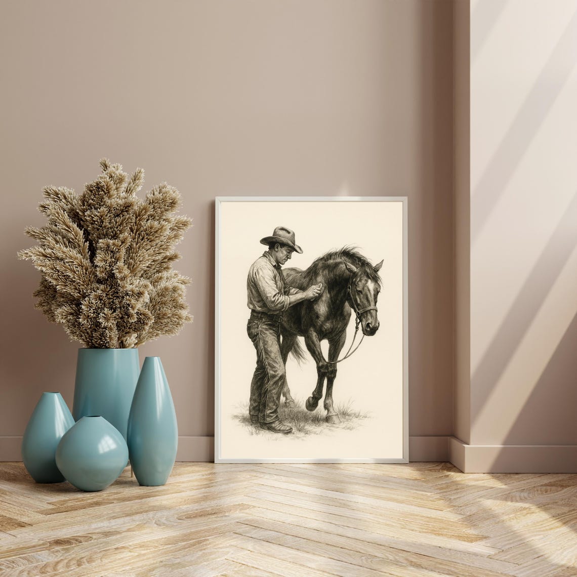Western Cowboy Grooming Horse Sketch, Vintage Art - Image 3