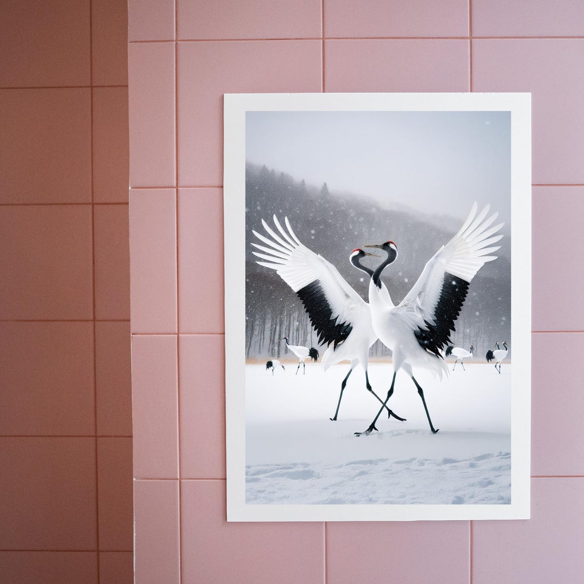 Dancing Cranes In Snow, Minimalist Zen Nature Art Print - Image 5