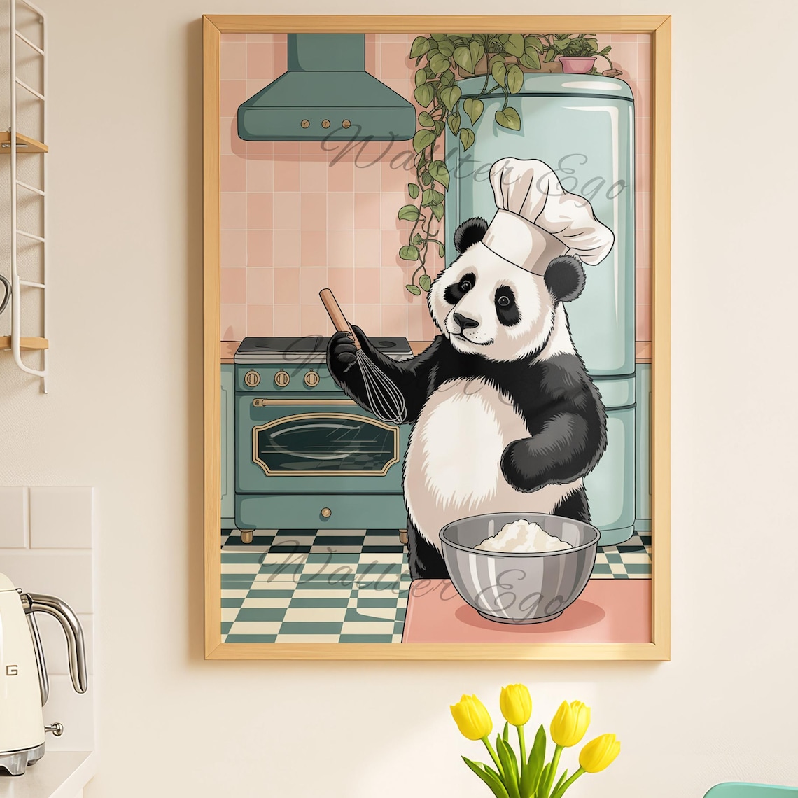 Panda Chef Funny Animal Kitchen Poster Retro Panda Baking Decor Art