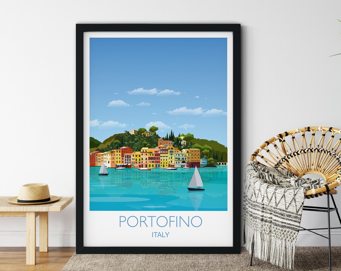 Portofino Italy Harbor Travel Poster of Colorful Village Waterfront