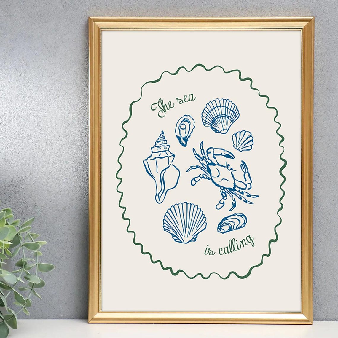 The Sea Is Calling Shells and Crab Line Art Coastal Canvas Poster - Image 3