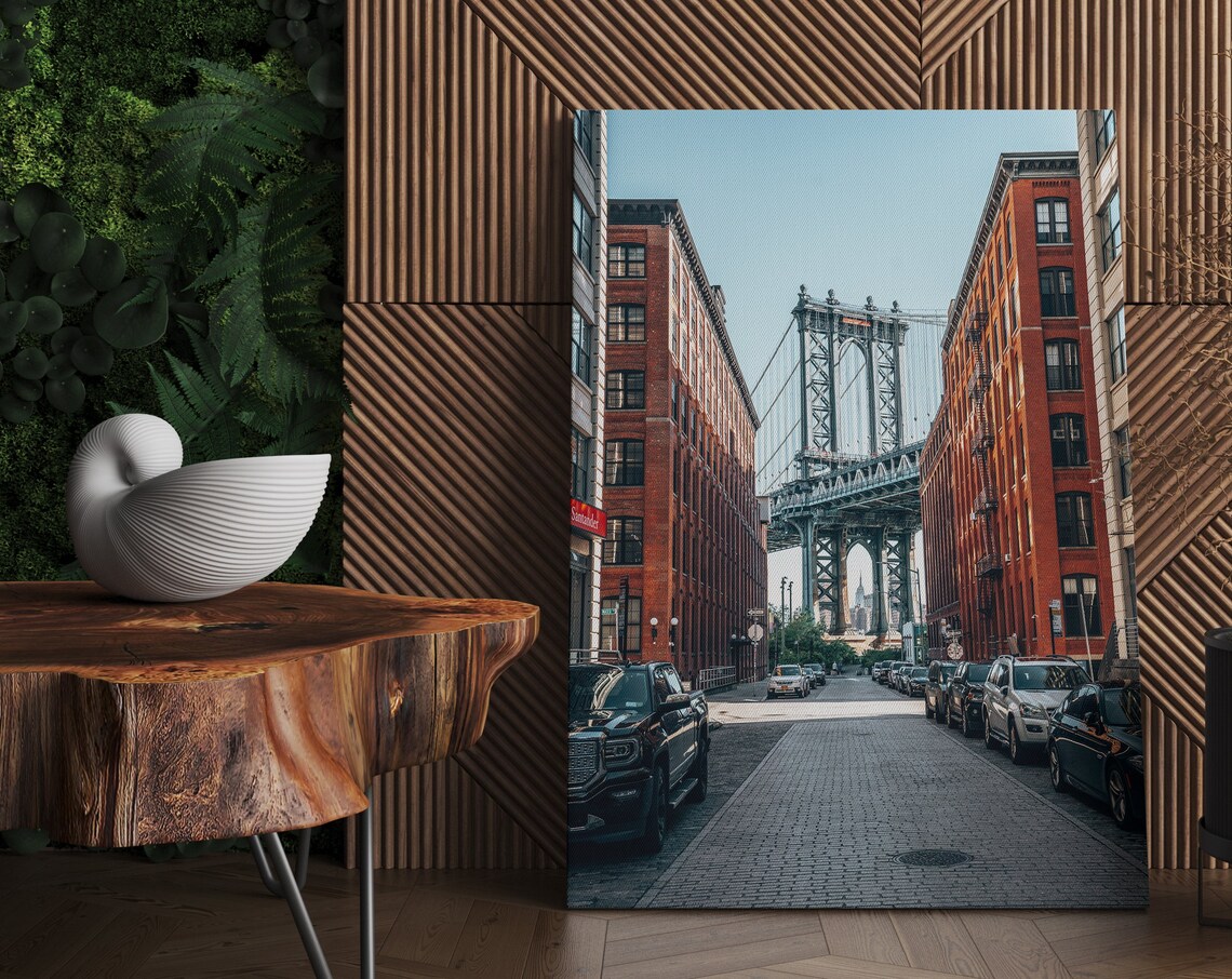 Manhattan Bridge Between Brick Buildings Brooklyn Street Photo Poster