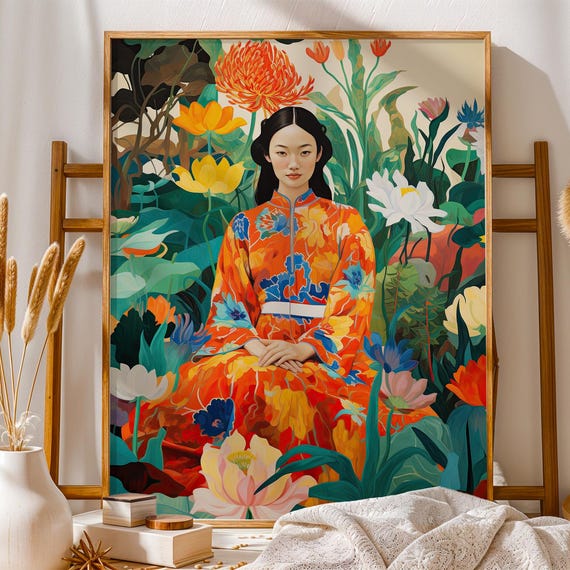 Floral Kimono Woman Wall Art Vibrant Botanical Portrait Colorful Asian Garden Decor For Living Room