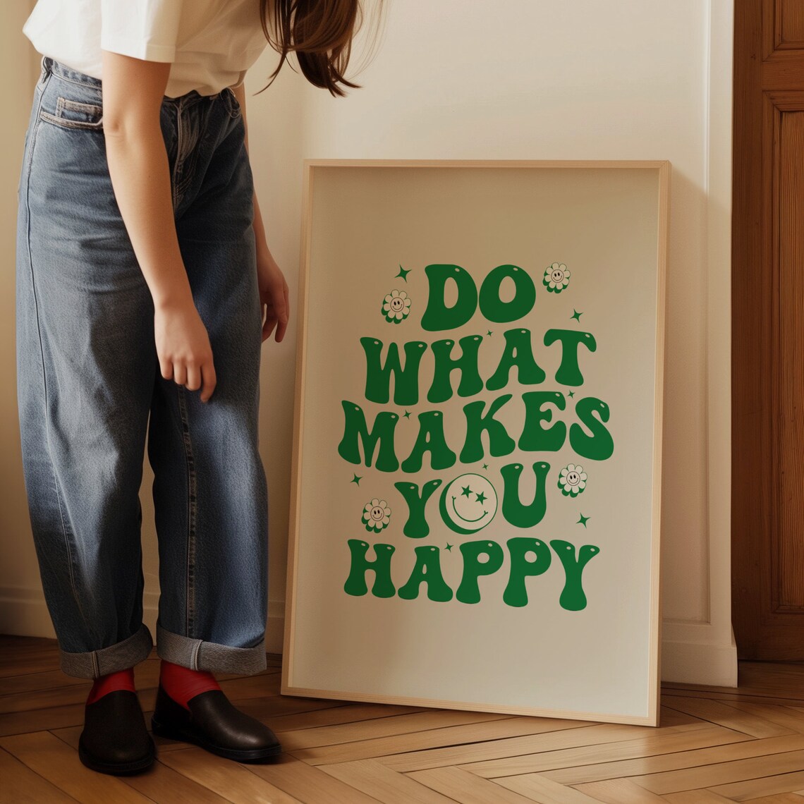 Do What Makes You Happy Green Groovy Retro Daisy Motivational Poster - Image 3