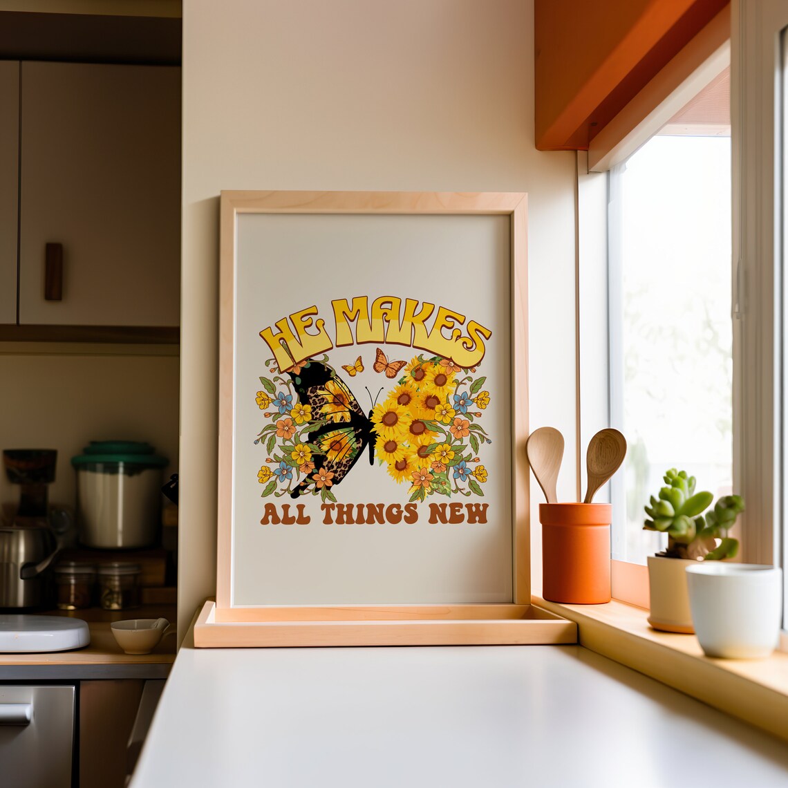 He Makes All Things New Sunflower Butterfly Retro Christian Poster - Image 3