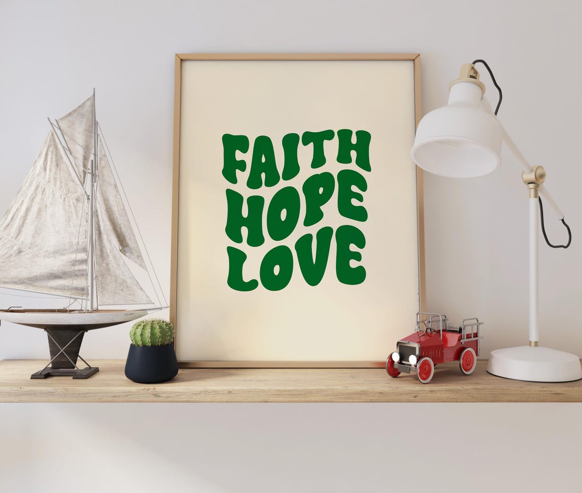 Retro Groovy Christian Wall Print Faith Hope Love Christian Poster Bible Verse Wall Decor Christian Art - Image 2