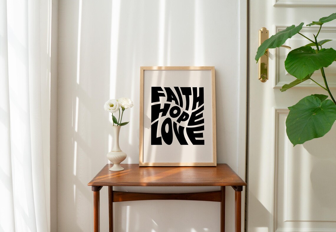 Bold Black Retro Wavy Letters Faith Hope Love Christian Art Poster - Image 4