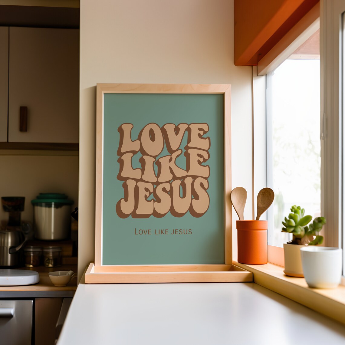Groovy 70s Style Sage Green Love Like Jesus Typography Art Poster - Image 3