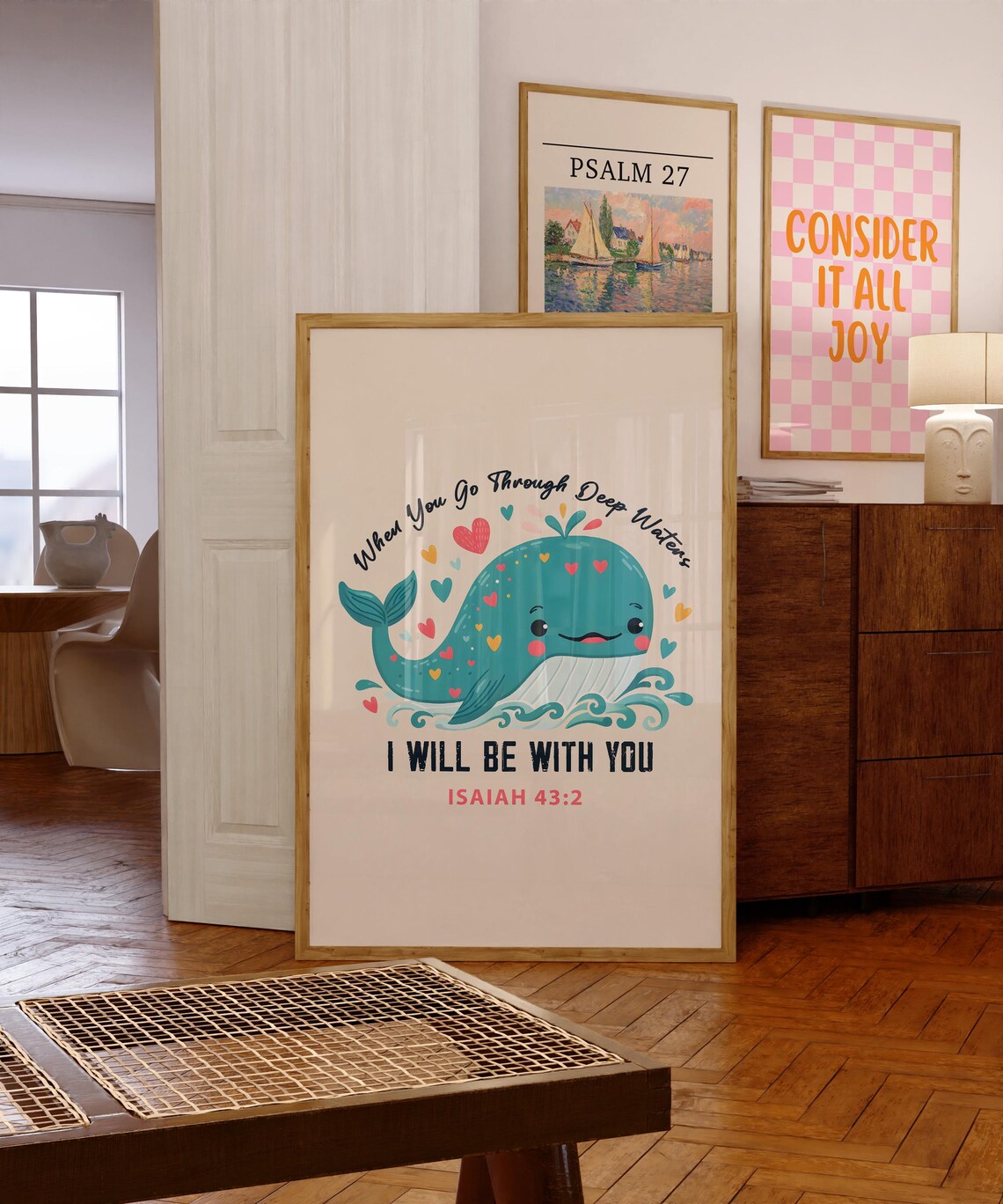 Isaiah 43:2 Deep Waters Cute Whale Hearts Nursery Faith Poster - Image 3