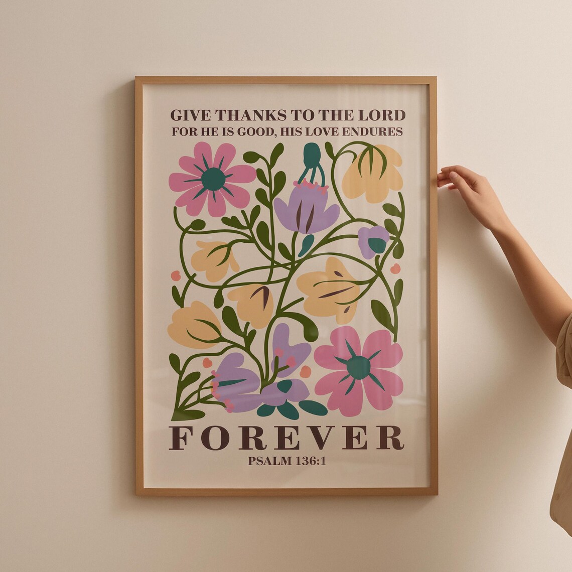 Give Thanks To The Lord Psalm 136:1 Pink Yellow Floral Poster - Image 4