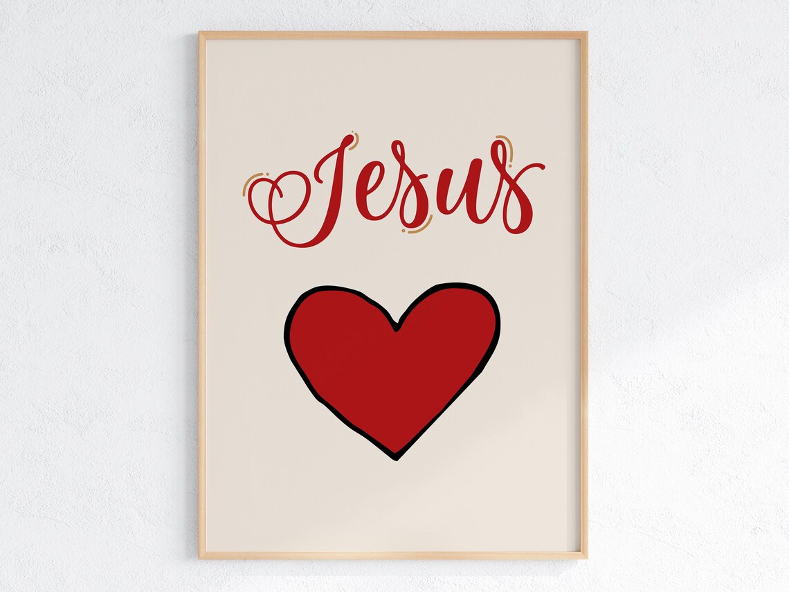 Jesus Red Script With Red Heart Love Minimalist Christian Poster - Image 3
