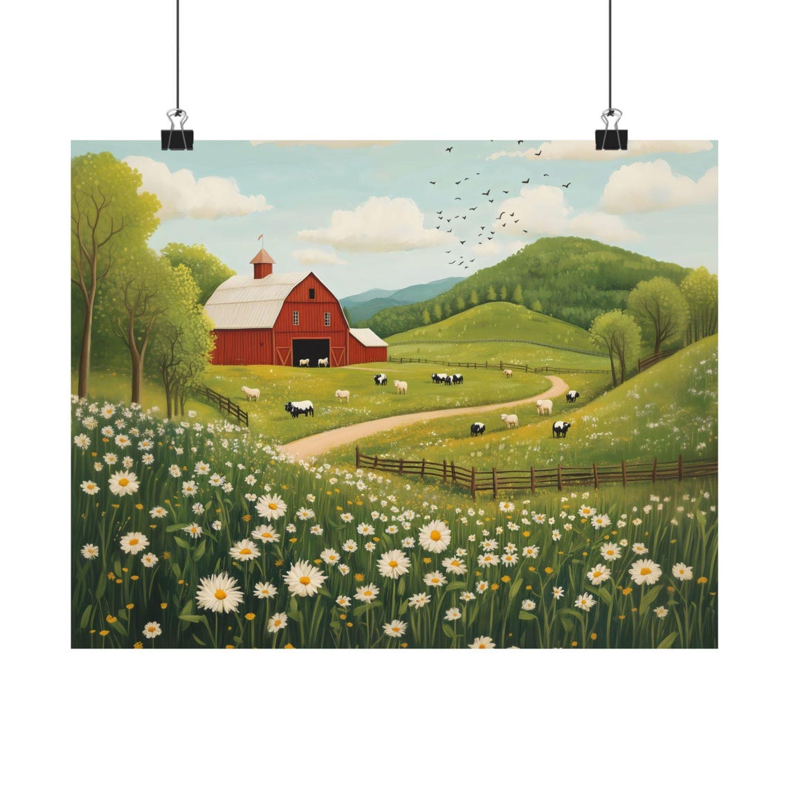 Daisy Field Red Barn Rolling Hills Cows Rustic Country Poster