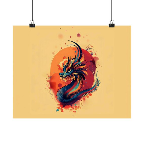 Sea Serpent Dragon Poster Print Landscape Modern Painting Fantasy Nature Rustic Bright Wall Print Airbnb Art Wall Decor
