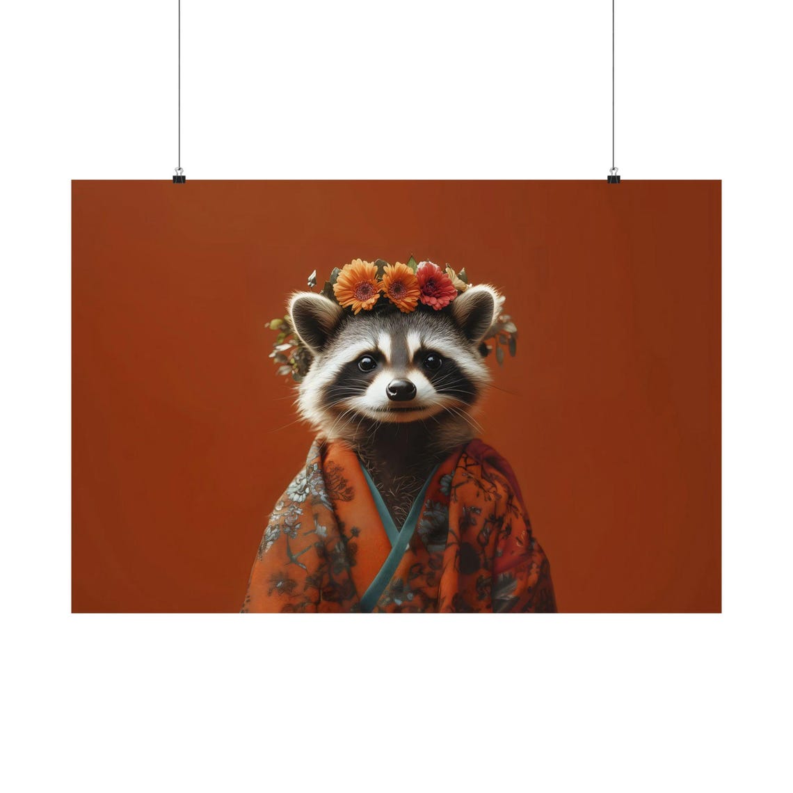 Sweet Raccoon Daisy Crown Silk Kimono Maximalist Wildlife Wall Art - Image 3