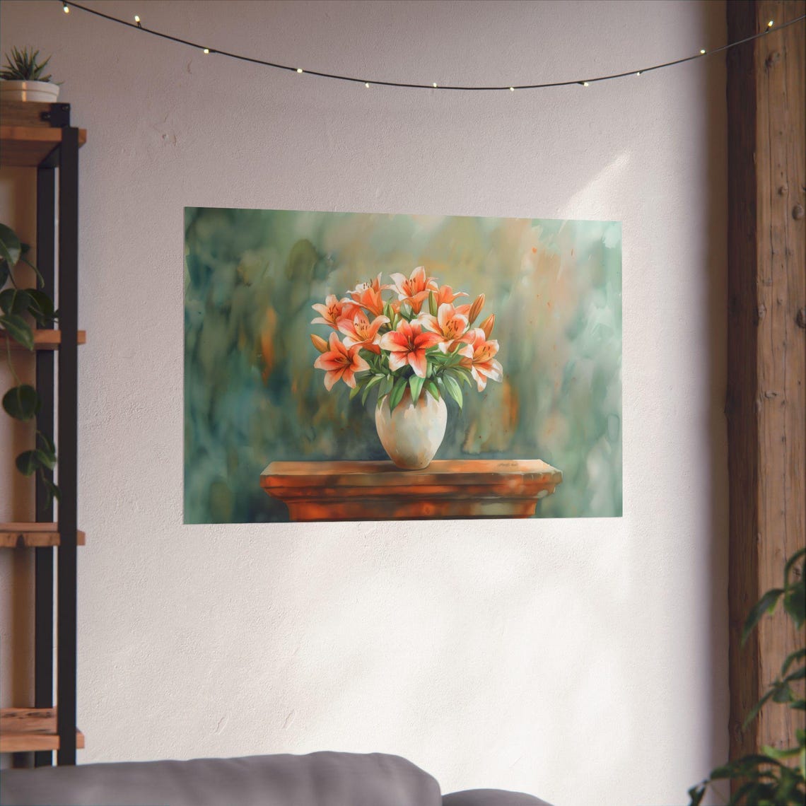 Glowing Sunny Orange Lilies in White Vase Watercolor Blossom Poster