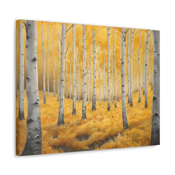 Golden Birch Forest Yellow Autumn Watercolor Painting Nature Poster