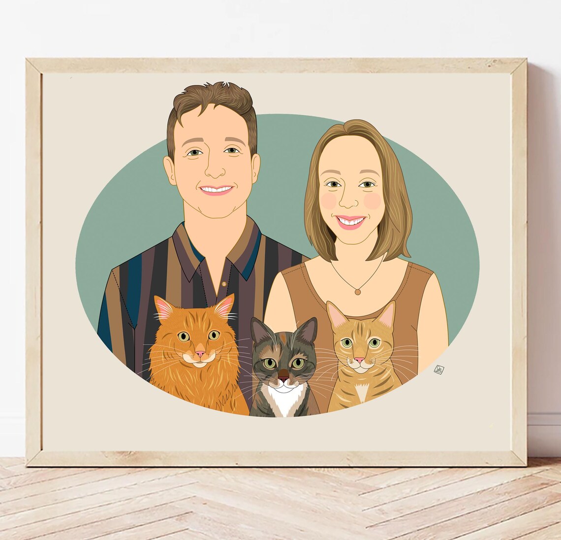 Couple With Four Dogs in Oval Frame Custom Family Portrait Poster - Image 2