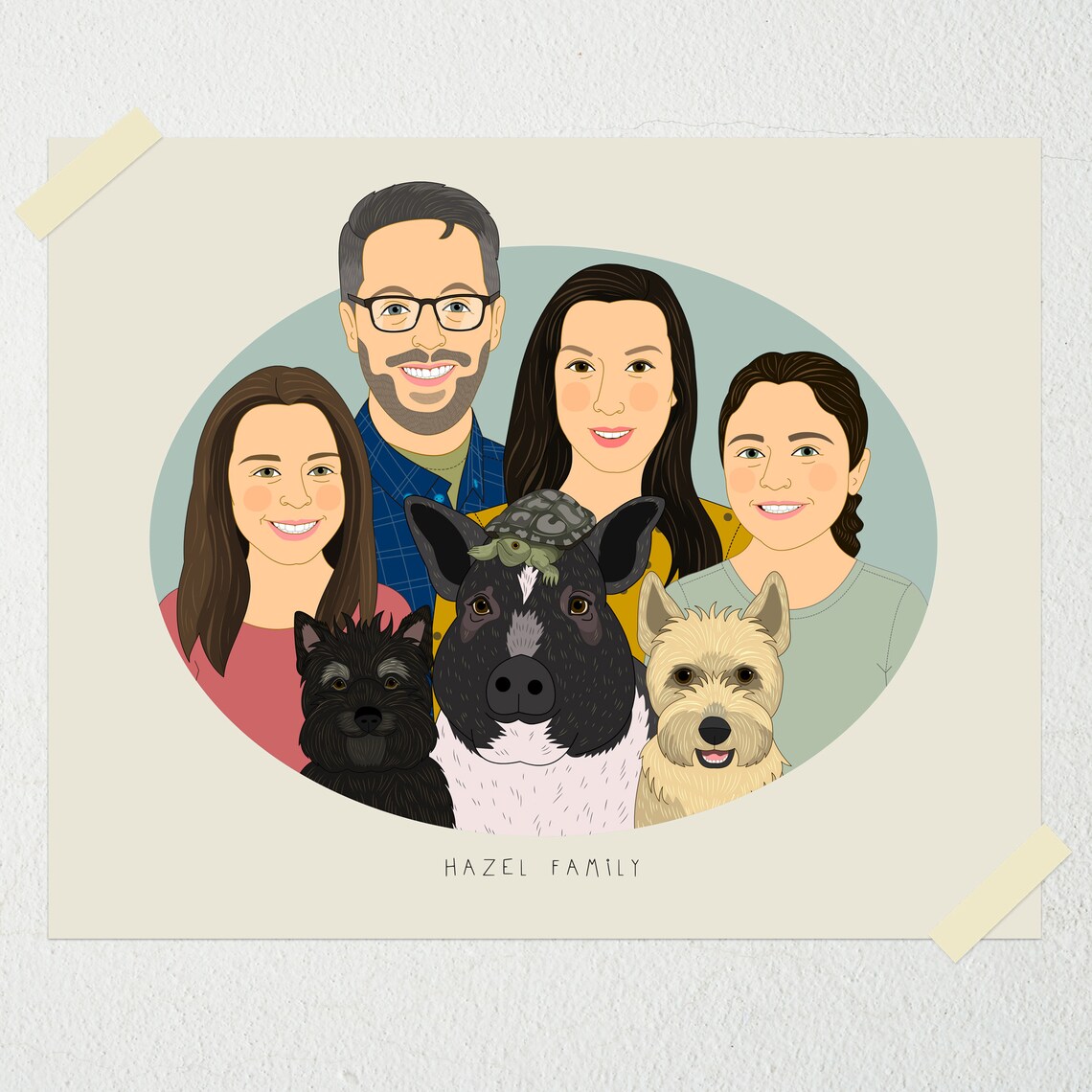 Family With Two Dogs and Cat Custom Cartoon Portrait Art Print - Image 4