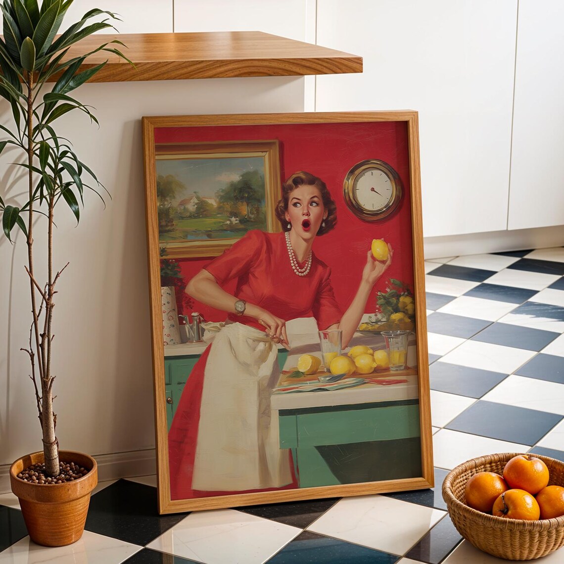 Retro 1950s Woman Lemon Kitchen Surprised Vintage Pop Art Poster