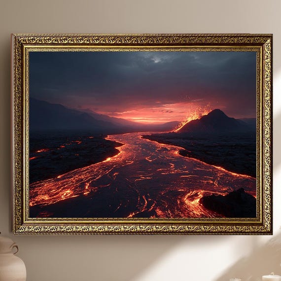 Explosive Volcano Eruption With Flowing Lava River Dramatic Sunset Landscape Photography Wall Art For Nature And Adventure Lovers
