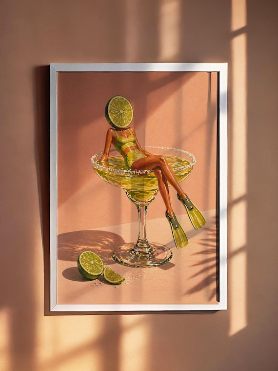 Surreal Margarita Lady Lime Head Retro Cocktail Bar Art Poster