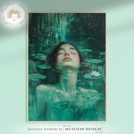Emerald Woman Floating in Water Surreal Feminine Dreamy Poster