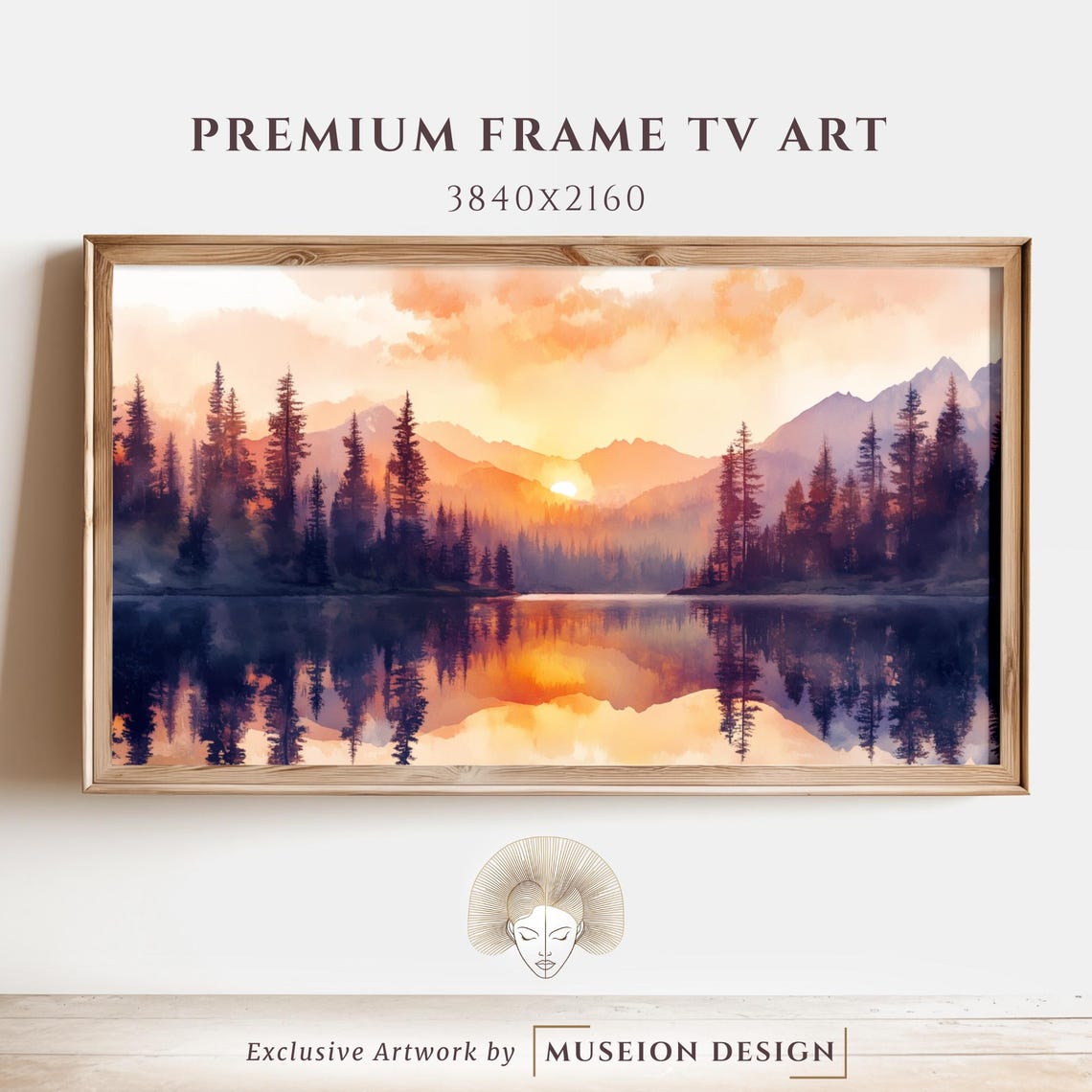 Golden Mountain Sunset Lake Poster Watercolor 4K Frame TV Art Decor