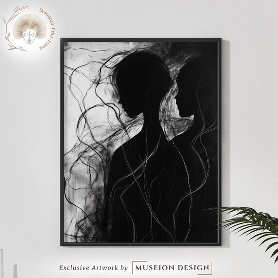 Abstract Black White Couple Silhouette Minimalist Charcoal Portrait Poster