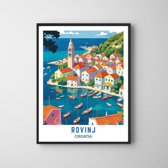 Rovinj Croatia Travel Poster Colorful Coastal Town Wall Art Mediterranean Harbor Illustration European Seaside Print For Home Decor