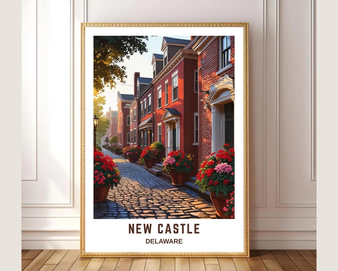 New Castle Delaware Historic Brick Street Flower Boxes Travel Poster