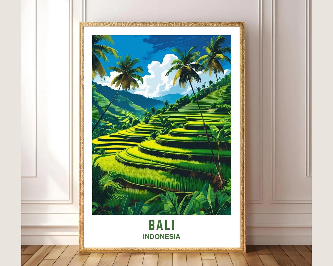 Bali Indonesia Rice Terraces Palm Trees Tropical Travel Art Poster