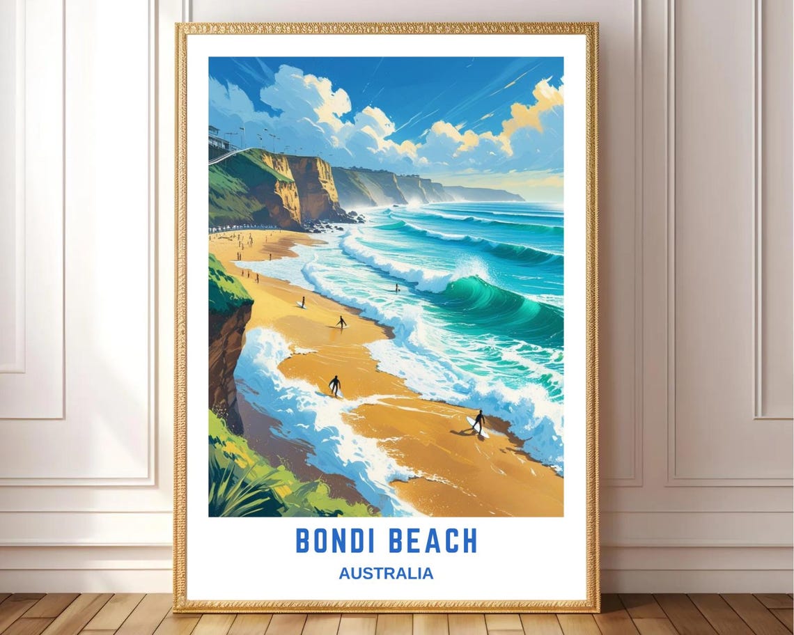 Bondi Beach Australia Surf Waves Golden Sand Cliffs Coastal Poster