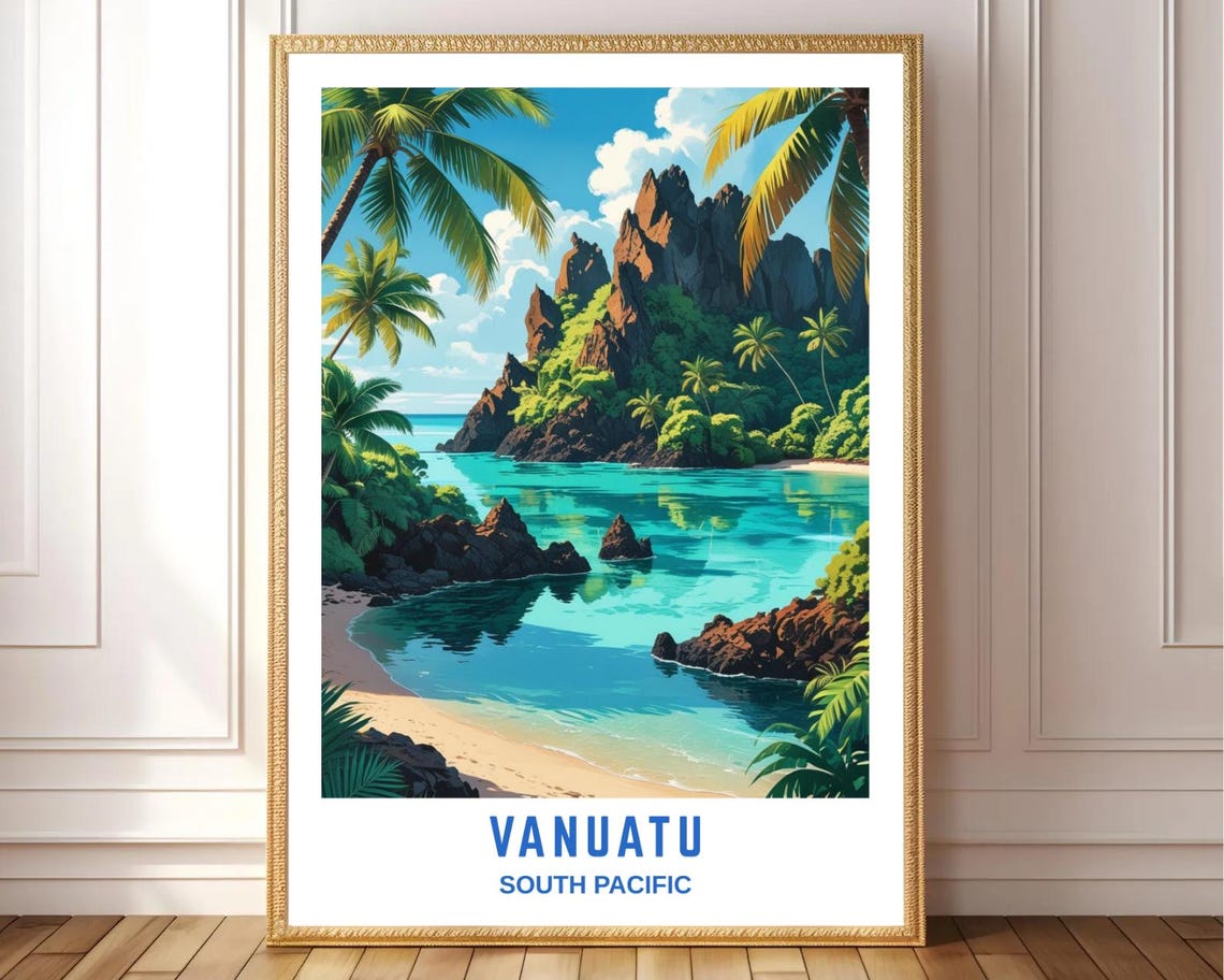 Vanuatu South Pacific Tropical Cove Volcanic Peaks Palm Beach Poster