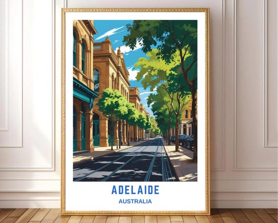 Adelaide Australia Travel Poster Print Vintage City Street Wall Art Urban Architecture Landscape Deco