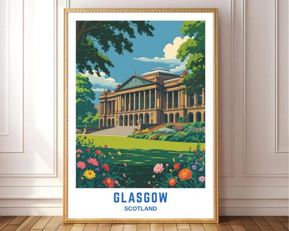 Glasgow Scotland Wall Art Print Vintage Travel Poster Classical Architecture Illustration Uk City Landscape