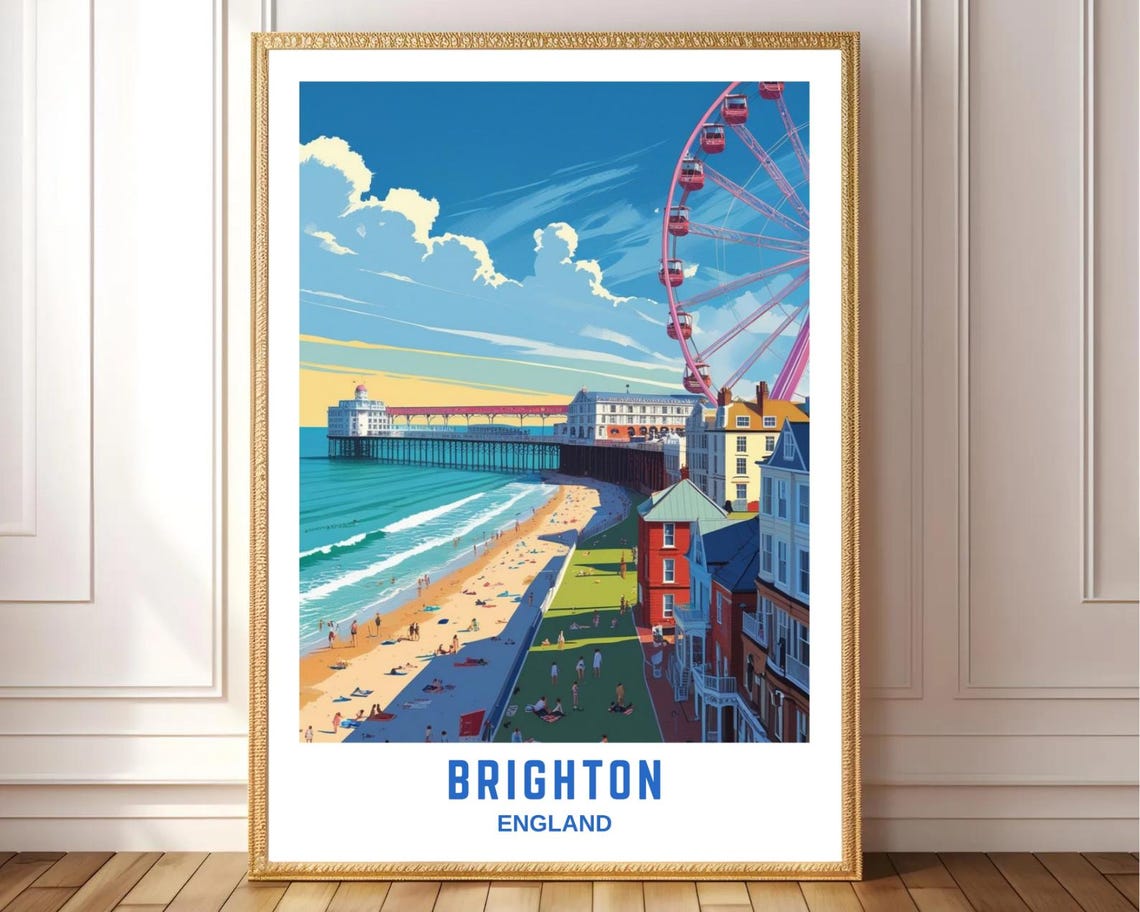 Beach England Poster Retro Travel Art Print British Seaside Wall Decor Uk Coastline Illustration